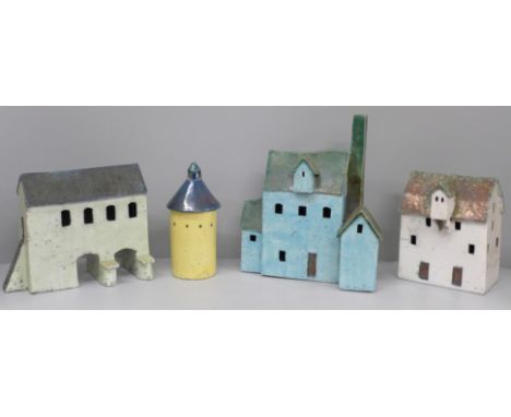 Four pieces of Neil Spalding Raku fired ceramics, model buildings Sarehole Mill, Birmingham, Woodbridge Tidal Mill, Dovecote 