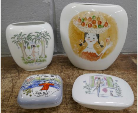 Rosenthal and Goebel West German china; two vases and two lidded pots, Peeping Tom and other designs 