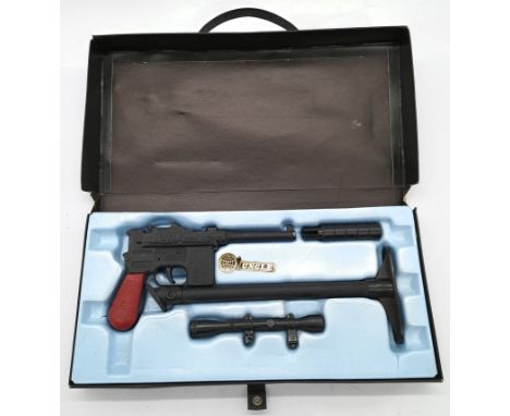 Lone Star Man from Uncle attache case. Black card briefcase containing diecast and plastic 7.63mm pistol, silencer, telescopi