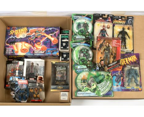 Quantity of Marvel and DC Figures and vehicles including Captain Marvel, Spider-Man, Arrow, Green Lantern and other Character