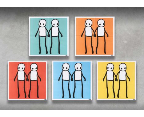 Stik (British 1979-), 'Holding Hands (Red, Orange, Yellow, Blue & Teal)', 2020, a complete set of 5 offset lithographs in col