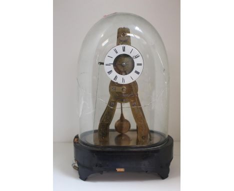 19th Brass skeleton clock with enamelled roman numeral dial under glass dome 