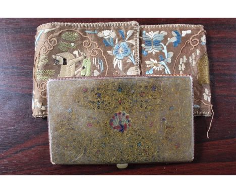 White metal Indonesian cigarette case with chaised decoration in a silk wallet, Faux Pearl Necklace and a Brooch 