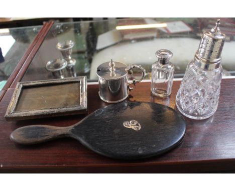 Silver topped sugar caster SIlver Picture frame, SIlver plated Mustard Silver topped scent bottle and a dressing table mirror