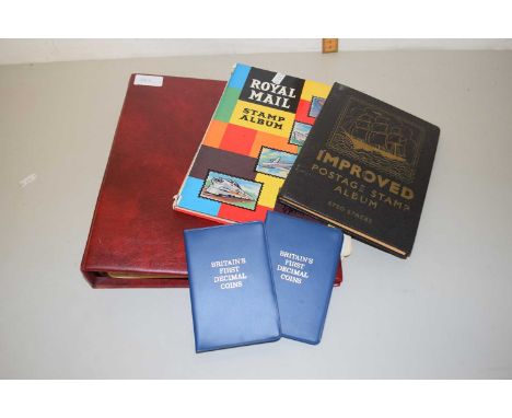 Mixed Lot: Album of various world coinage, Britains first decimal coins, in cases and two further junior stamp albums