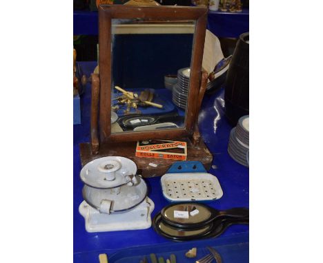 Mixed Lot: Dressing table mirror, enamel chamber sticks, hand mirrors, soap dish etc