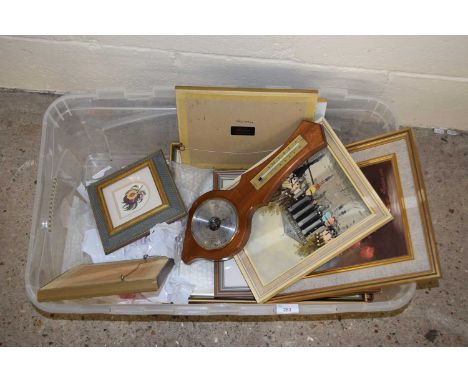 Box of various assorted mixed pictures to include oil on canvas studies plus a small barometer