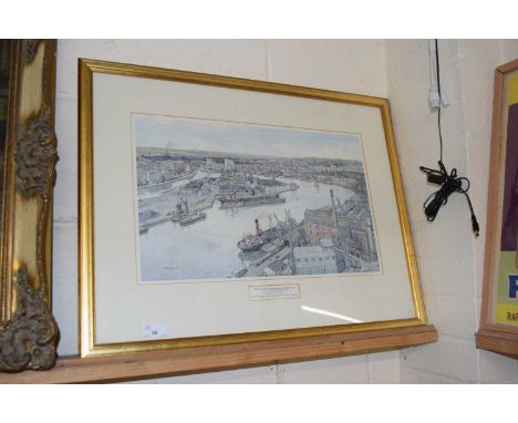 Leonard Squirrel, The Port of Ipswich from the Big Gas Holder, coloured print, framed