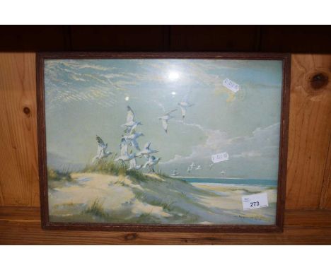 Coloured print of seagulls after Vernon Ward