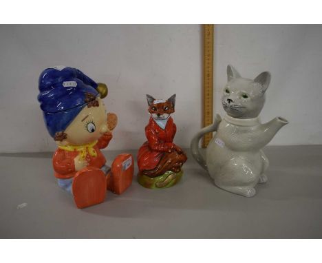 A Royal Stratford model of a fox together with a Noddy biscuit barrel and a cat shaped teapot