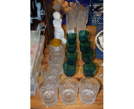A group of various drinking glasses to include turquoise wine glasses, clear glass tumblers and others plus a Spode figure Re