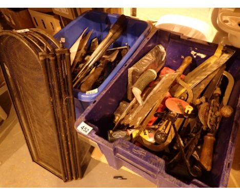 Two boxes containing a quantity of spanners sockets and vintage tools 