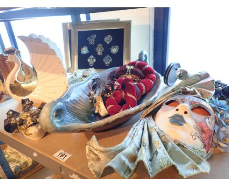 Collection of ceramic wall hanging dance masks and ceramics 