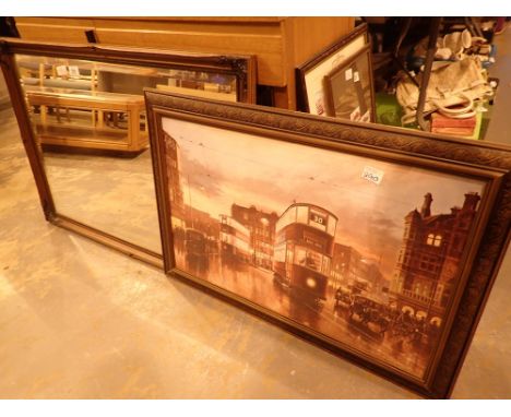 Large antique style wood framed mirror and a print of trams cars motorcycles etc 
