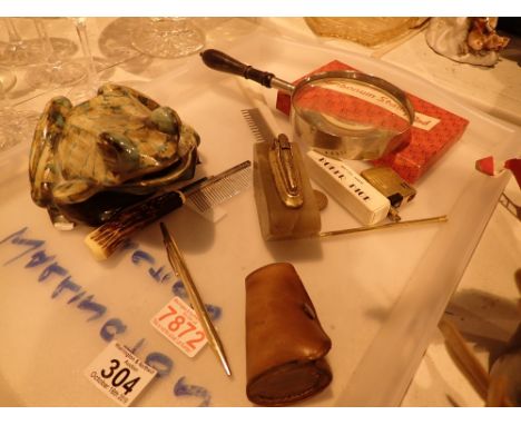 Mixed lot of items including a ceramic frog large magnifying glass etc 