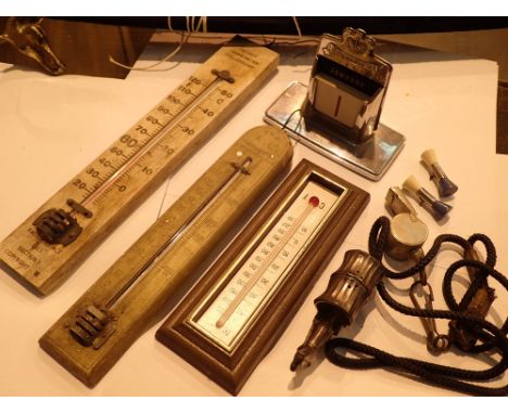 Mixed box of thermometers to include whistle cufflinks etc 
