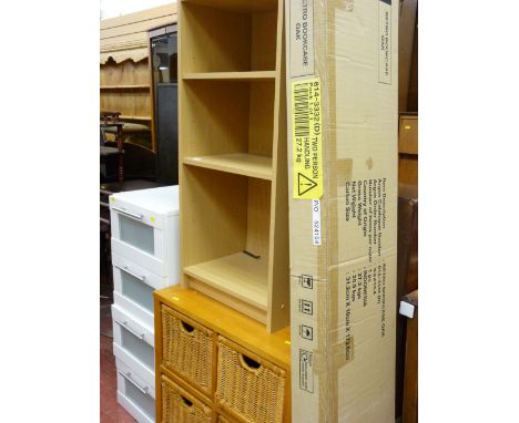 Parcel of white slim four drawer chest, modern four shelf bookcase, four basket weave drawer unit and boxed Hygena retro oak 