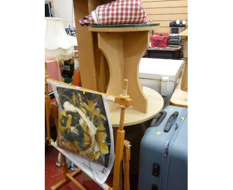 Tapestry frame, parcel of modern occasional tables and a large Antler suitcase