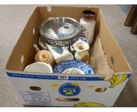 Box of mineral stones, pottery, Portmeirion planter, blue and white 'Abbey' pedestal bowl etc