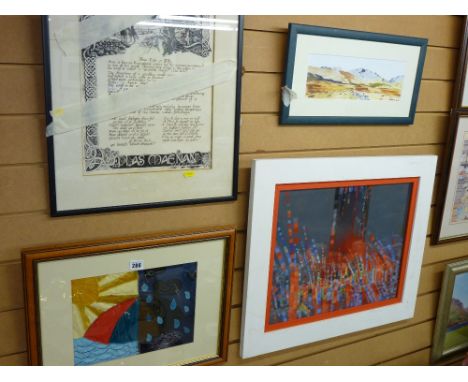 MIHANGEL JONES mixed media - entitled Tchaikovsky 1812 Overture label verso, 37 x 38 cms, a framed Welsh print Ann Cefn Yr Yd
