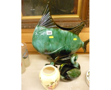 Large heavy fish shaped vase and similar pottery items including Worcester Palissy ginger jar etc