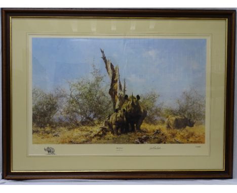 DAVID SHEPHERD OBE framed limited edition (242/1300) print - titled 'Rhino Beware', signed in pencil, 52 x 79 cms