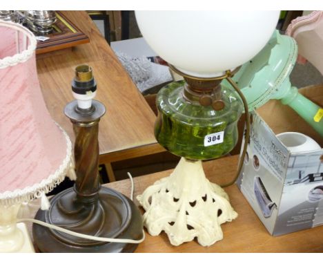Iron based oil lamp with green glass reservoir and a parcel of other lighting, glass lustres etc