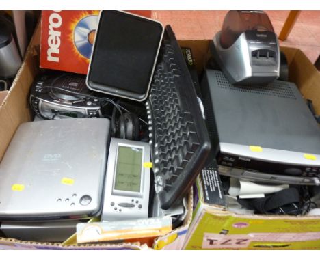 Two boxes of mainly household audio electrical items eg Matsui DVD player, Phillips CD recorder etc E/T