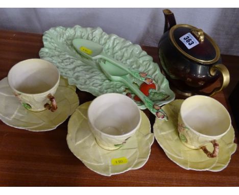 Three Carltonware cups and saucers, a Green Leaf salad dish and servers and a Rouge Royale teapot