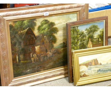 Three oil paintings - horse and cart, seascape and an old mill, various sizes