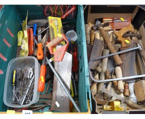 Box of wooden hand tools and a plastic crate of drills, saws etc