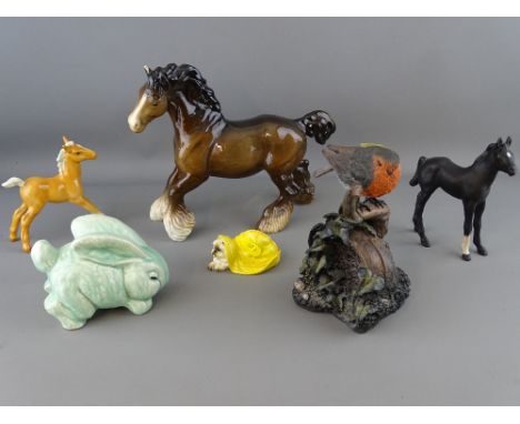 Three Beswick horses (some damage), a Christopher Holt &amp; Co robin, a vintage ceramic bunny etc