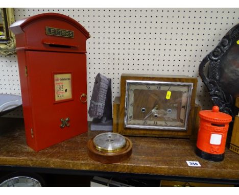 Model postbox, postbox moneybox, desktop barometer, mantel clock and a slate fan