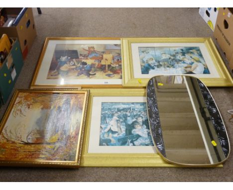 LOUIS WAIN print - cats in the classroom 38 x 70 cms and a parcel of mirrors, prints etc