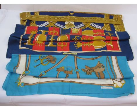 Hermès scarves to include ‘P. Peron’ blue red and gold chess design and Maillons 1973 blue and gold chain design, suede&nbsp;