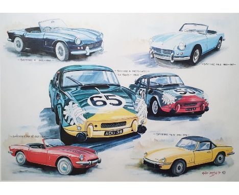 Framed&nbsp;Andy Danks&nbsp;print&nbsp;featuring iconic&nbsp;Triumph Spitfire&nbsp;cars, c1991, limited edition 299/300, sign