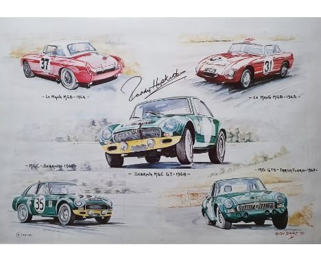 Framed&nbsp;Andy Danks&nbsp;print featuring&nbsp;Paddy Hopkirk signature&nbsp;and&nbsp;iconic&nbsp;MG Cars,&nbsp;limited edit