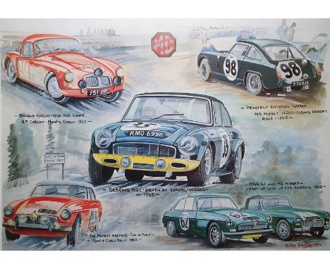 Framed&nbsp;Andy Danks&nbsp;print featuring iconic&nbsp;MG Cars, limited edition 39/300,&nbsp;signed lower right, 63cm x 50cm