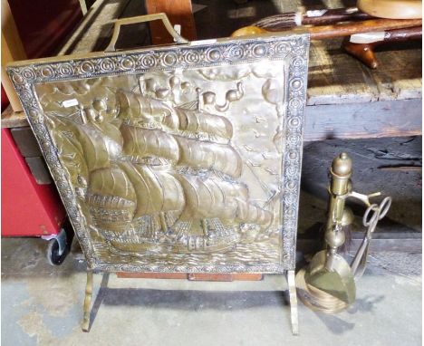 Brass fireside companion set&nbsp;and a brass firescreen with embossed image of a galleon
