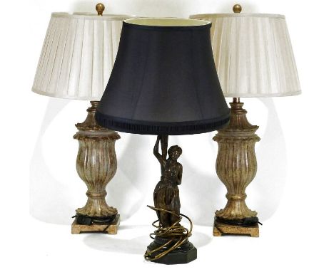 Pair of table lamps, Grecian urn&nbsp;style, 47cm tall approx, and another table lamp formed as an Eastern girl wearing a tur