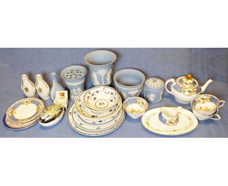 Wedgwood blue jasperware vase, three further Wedgwood jasperware items, a Paragon 'Tree of Kashmir' part tea service, a Sylva