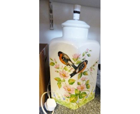 Large Italian porcelain lamp decorated with flowers and birds, an Italian porcelain plaque depicting baby Jesus, and further 