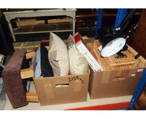 Modern anglepoise lamp, a footstool, a wicker basket, a box of pimpernel acrylic placemats, etc (2 boxes)
