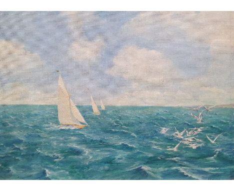 P E W Wood
Oil on board
Coastal scene with sailboats, signed lower right (29.5 x 39.5cm) together with a

Further coastal sce