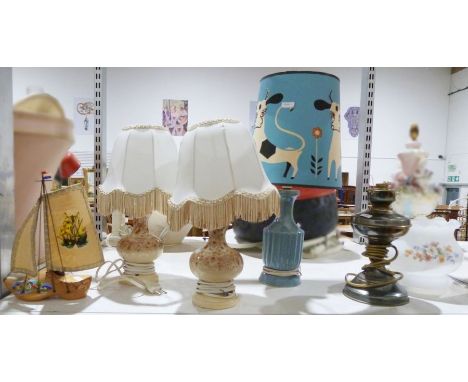 Pair of small ceramic bedside table lamps, a blue table lamp&nbsp;with retro shade, cheery bull decoration, a converted paraf