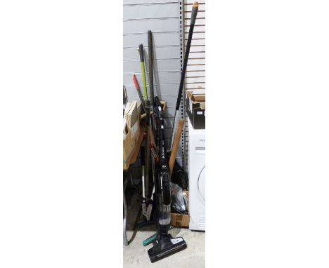 Quantity of garden tools&nbsp;to include rakes, pick axe, fork, spade, etc and a Bosch battery powered vacuum cleaner
&nbsp;