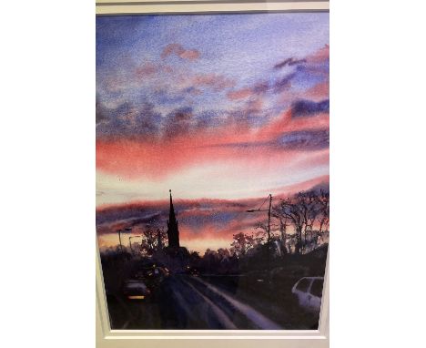 K Cairns ' sunset street scene' signed and framed