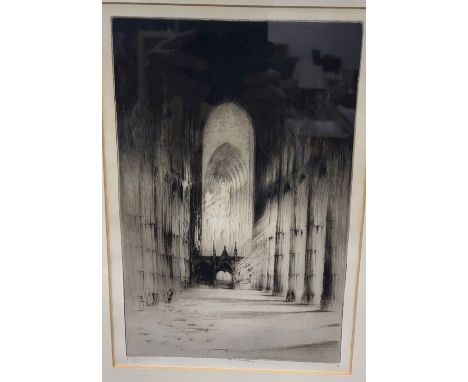 Fred G Farnell ' Church interior' pencil signed etching, framed 