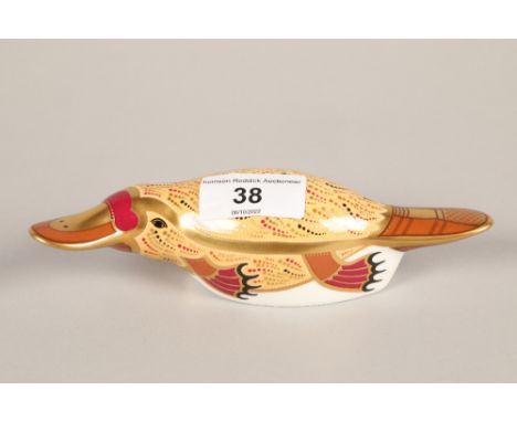 Royal Crown Derby Platypus paperweight; with gold button; 16cm long 
