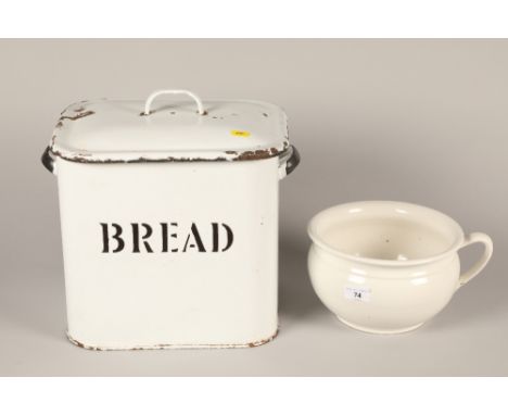 Enamel bread bin; 39cm high and a white pottery chamber pot; 26cm wide 
